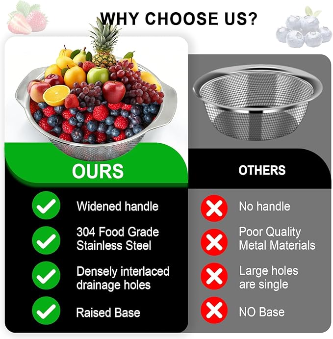 Colander for Kitchen, 1.5 QT 18/8 Stainless Steel Colander, Stainless Steel - Image 3
