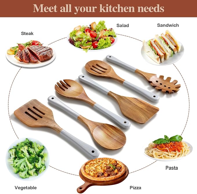 Wooden Spoons For Cooking, 6 Pieces Natural Acacia Wooden Cooking Utensils or - Image 9
