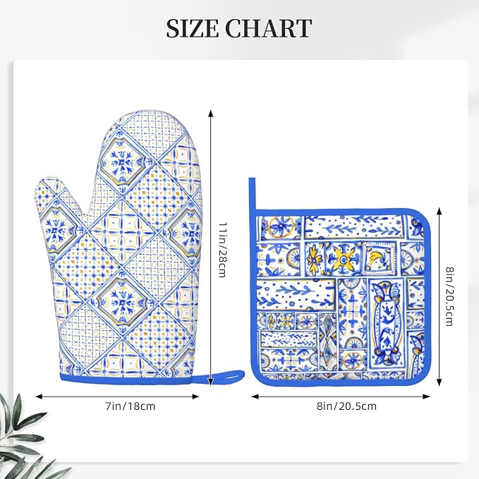 Blue Boho Geometric Silicone Oven Mitts Pan Mats Set of 2, Heat Resistant - Image 3