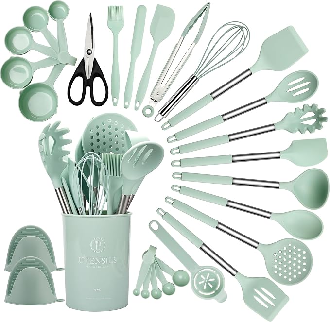 QMVESS Silicone Cooking Utensils Set, 446°F Heat Resistant Spatula, Spoons Set by QMVESS