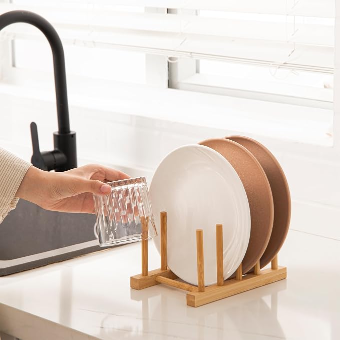 HBlife Bamboo Dish Plate Bowl Cup Book Pot Lid Cutting Board Drying Rack Stand - Image 3