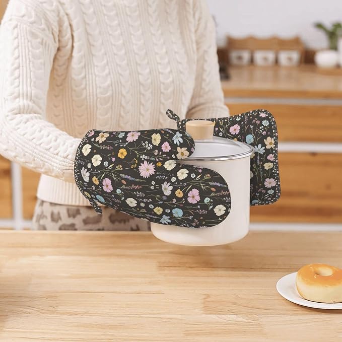 Oven Mitts and Pot Holders Set, Vintage Flower Botanical Leaf Silicone Kitchen - Image 7