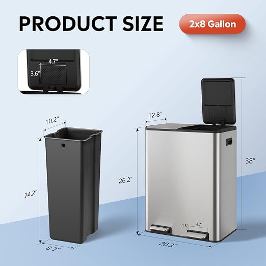 WLIVE 2 x 8 Gallon Dual Compartment Trash Can Stainless Steel, Pet-Proof Double - Image 2