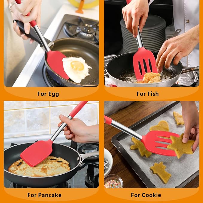 Silicone Spatula Set of 2, E-far Solid & Slotted Turner - Image 6