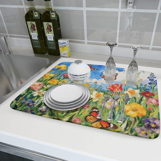Cute Floral Dish Drying Mat for Kitchen Counter 18x24, Spring Summer Decorative - Image 6