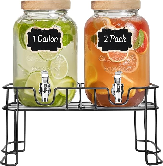 DHSBTLS 1 Gallon Glass Drink Dispensers, 2 Pack Clear Beverage Dispenser by DHSBTLS