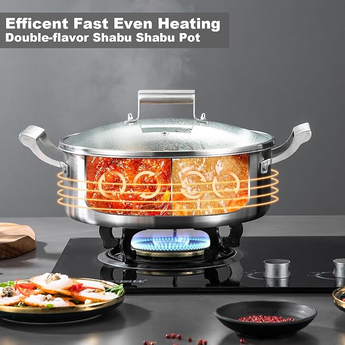 Delarlo 6.8QT Tri-Ply Stainless Steel Double-flavor Shabu Shabu Pot 12 inch - Image 5