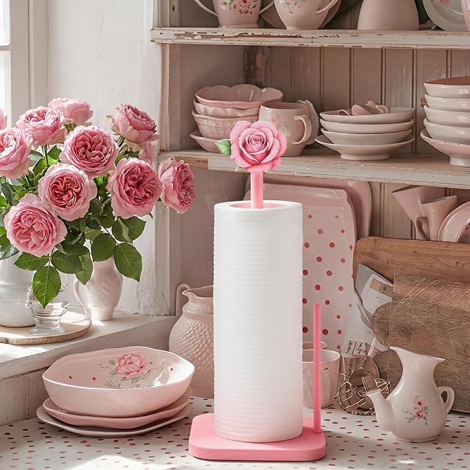 Leinuosen Pink Rose Paper Towel Holder Coquettish Cute Rose Wooden Paper Towel - Image 5