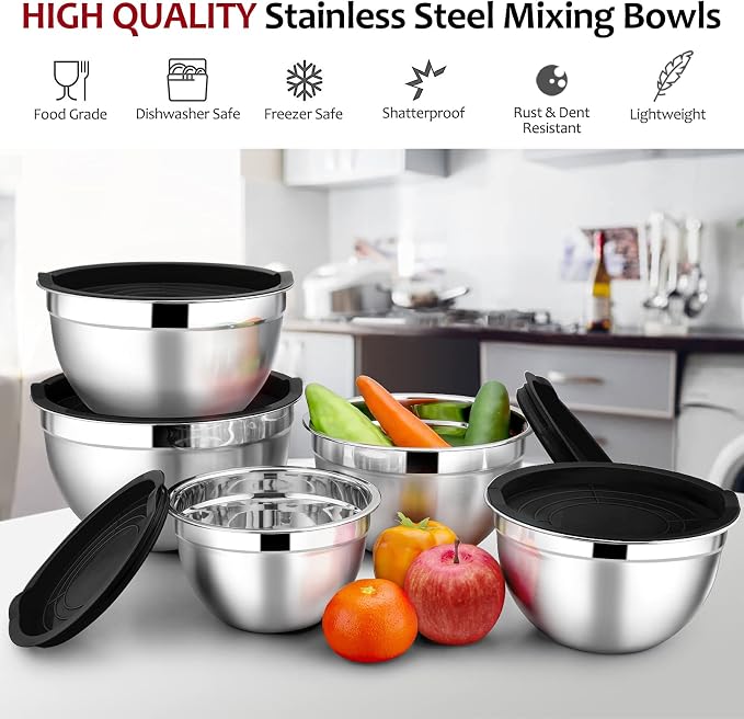 E-far Mixing Bowls with Lids Set of 5, Stainless Steel Black Mixing Bowls Metal - Image 2