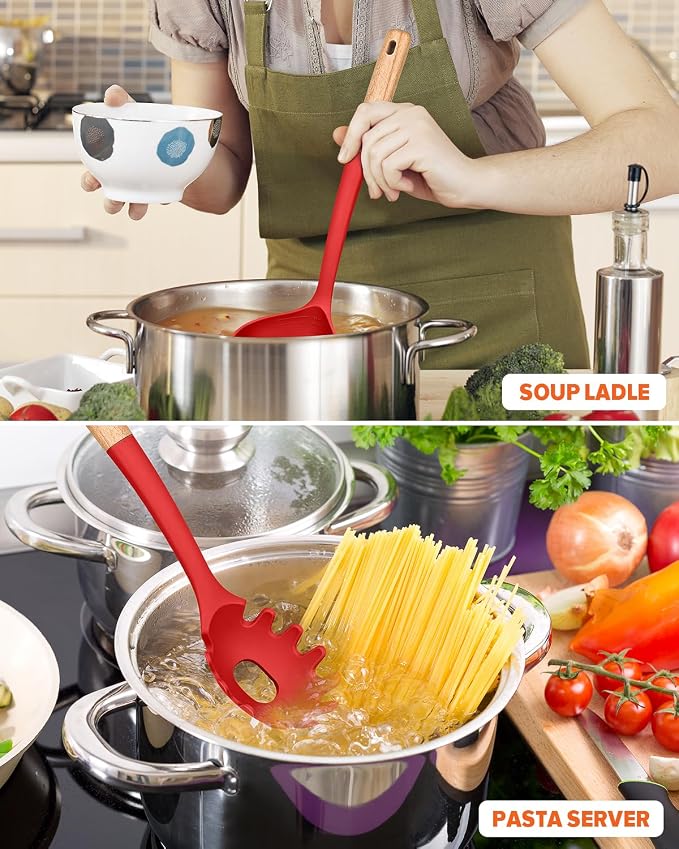 Pasta Fork and Ladle Set, and Sauce Pasta, BPA-Free Matte Silicone, Wood Handle - Image 3