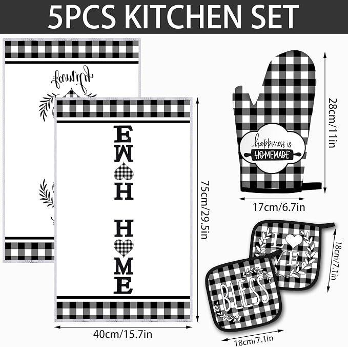 5 Pieces Buffalo Plaid Kitchen Towels Oven Mitts and Pot Holder Set Black and - Image 2