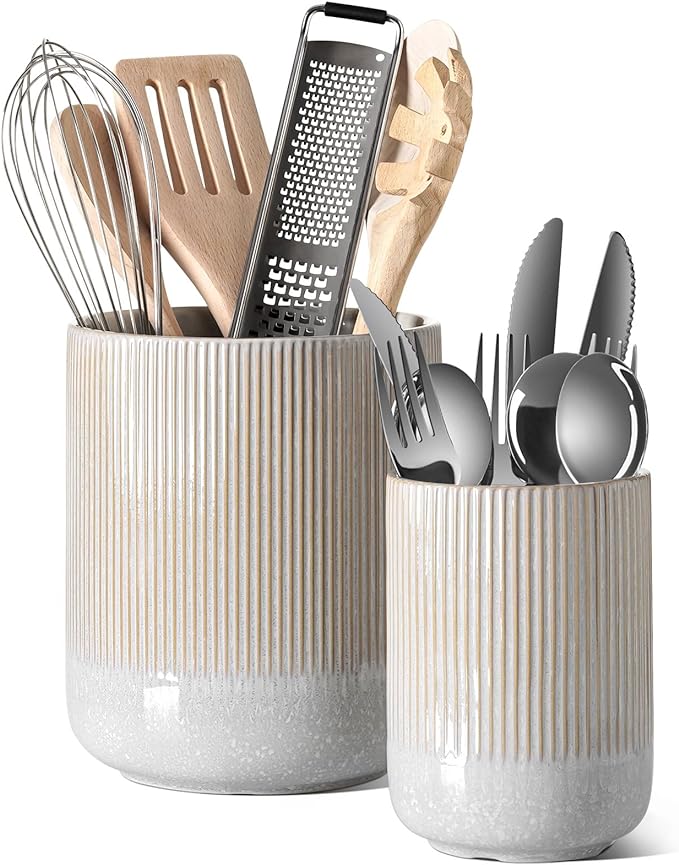 LE TAUCI Utensil Holder for Kitchen Counter, 7.3"+5.4" Fluted Ceramic Utensil by LETAUCI