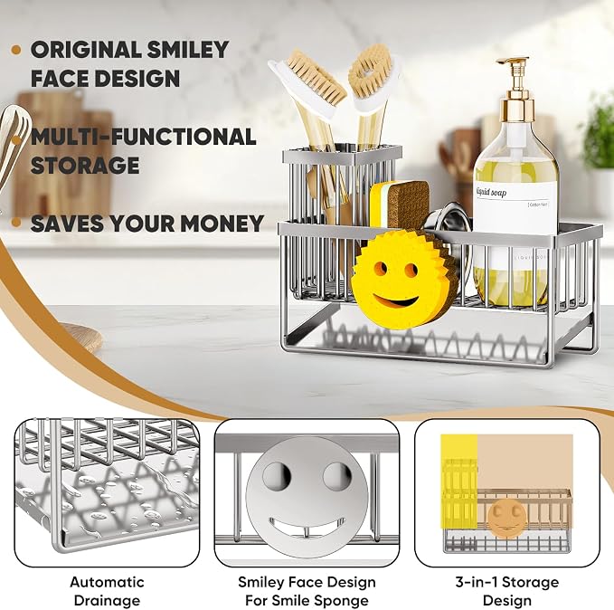 Sponge Holder for Kitchen Sink, Smiley Face Sink Caddy - Image 3