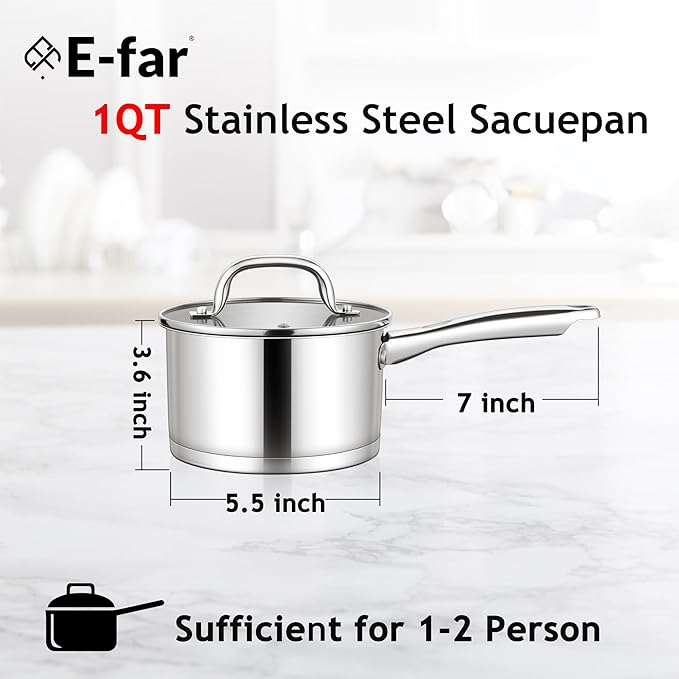 E-far 1 Quart Saucepan with Lid, Stainless Steel Small Sauce Pan Boiling Pot - Image 2