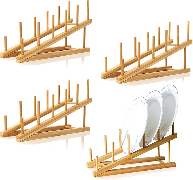 4 PCS Wooden Dish Drying Rack Bamboo Plate Dish Rack Stand Kitchen Cabinet by TIE-DailyNec