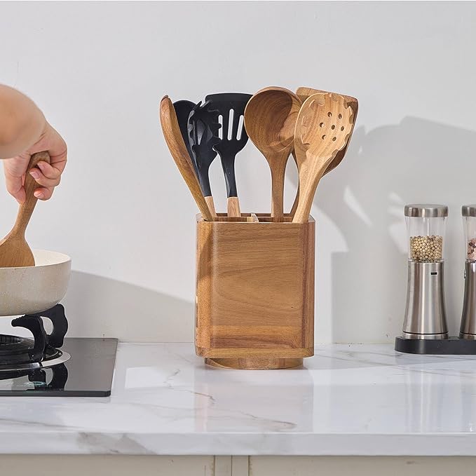 Wood Utensil Holder for Kitchen Counter, 360° Rotating Kitchen Utensil Holder - Image 6