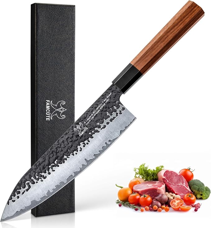 FAMCÜTE 8 Inch Japanese Knife, Hand Forged 5 Layers High Carbon 9CR18MOV Steel by FAMC%C3%9CTE
