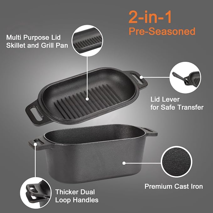 2-in-1 Pre-Seasoned Cast Iron Dutch Oven Pot - Image 3