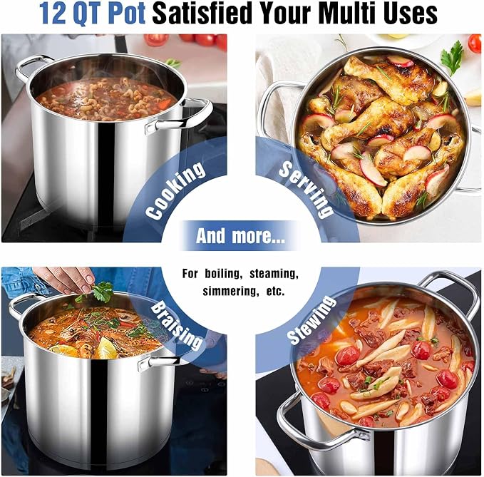 P&P CHEF 12 QT Stock Pot with Lid, Stainless Steel Large Cooking Pot, Soup - Image 7