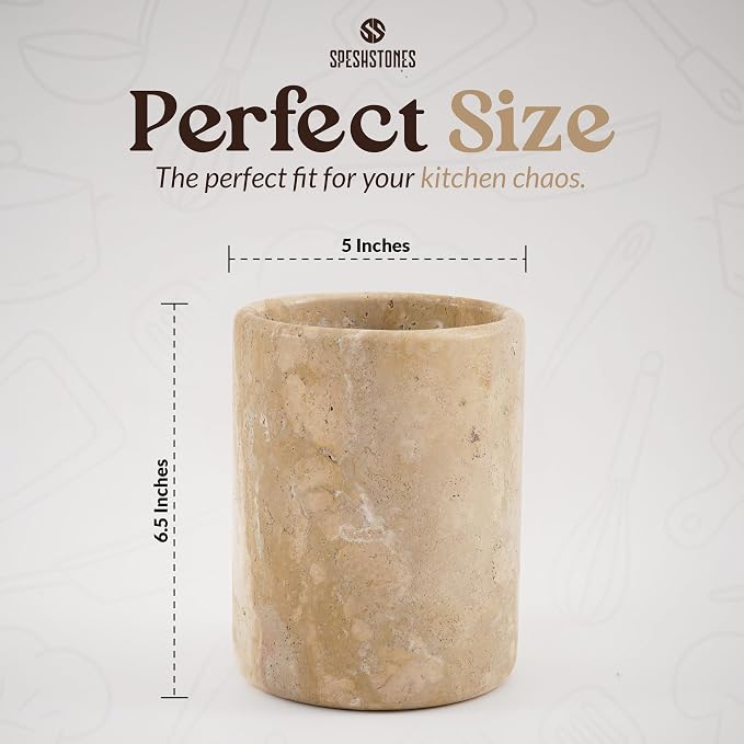Marble Utensil Holder 6.5 Inch Travertine Utensil Caddy, Wooden Cooking - Image 6