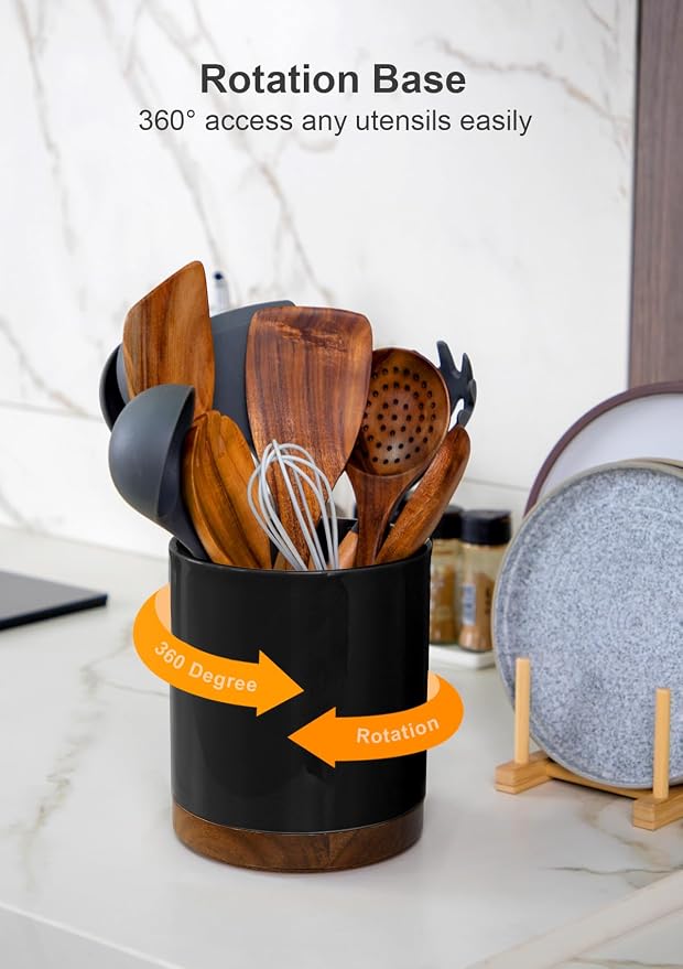 Nucookery 360°Rotating Utensil Holder, 7.2" Large Utensil Crock, Farmhouse - Image 3