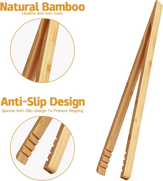 DUJEN 2 Pieces Bamboo Toast Tongs, 10.2 Inches Long Wood Toaster Tongs - Image 3