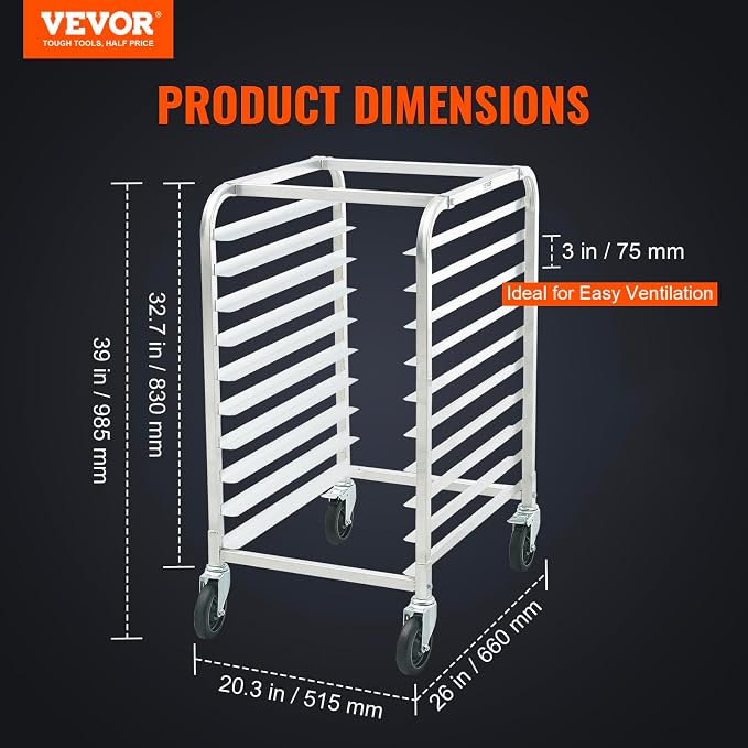 VEVOR 10-Tier Bun Pan Rack, Aluminum Racking Trolley Storage - Image 2
