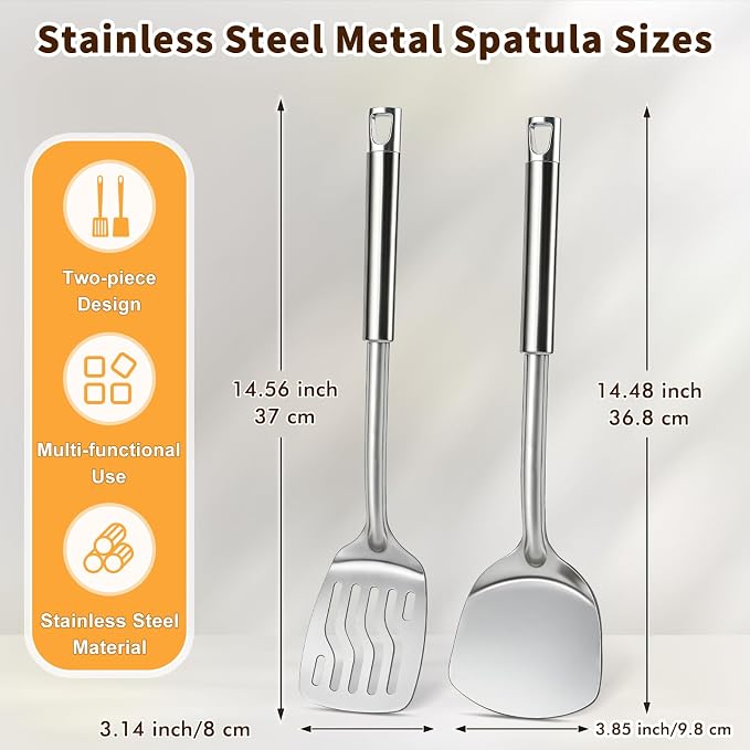 2 Pcs Stainless Steel Spatulas Set, Metal Spatula Solid & Slotted Turner - Image 6