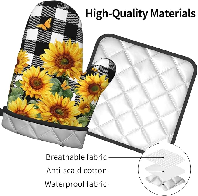 Sunflower Oven Mitts and Pot Holders Sets of 2 Buffalo Plaid Kitchen Mitts - Image 4