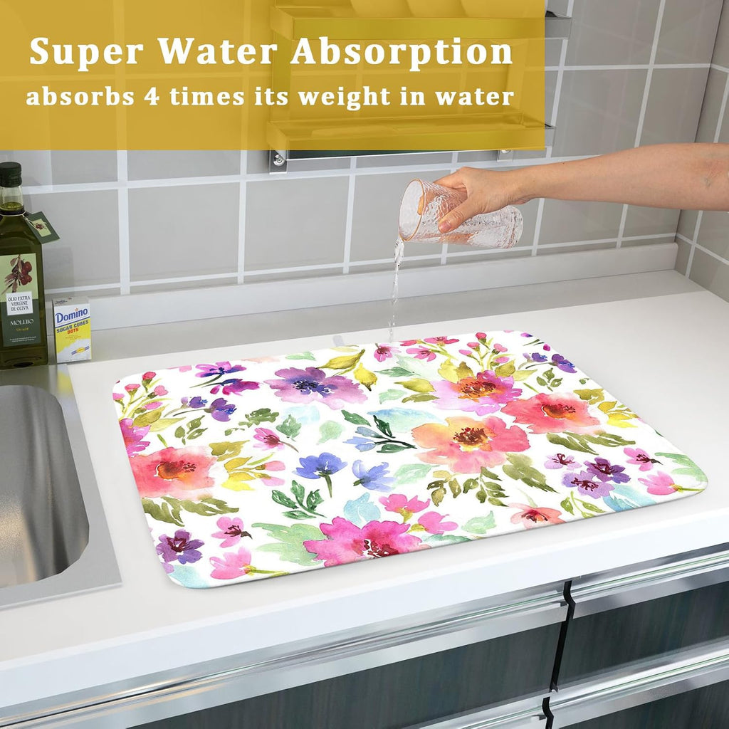 Spring Floral Dish Drying Mat for Kitchen Counter Flower Microfiber