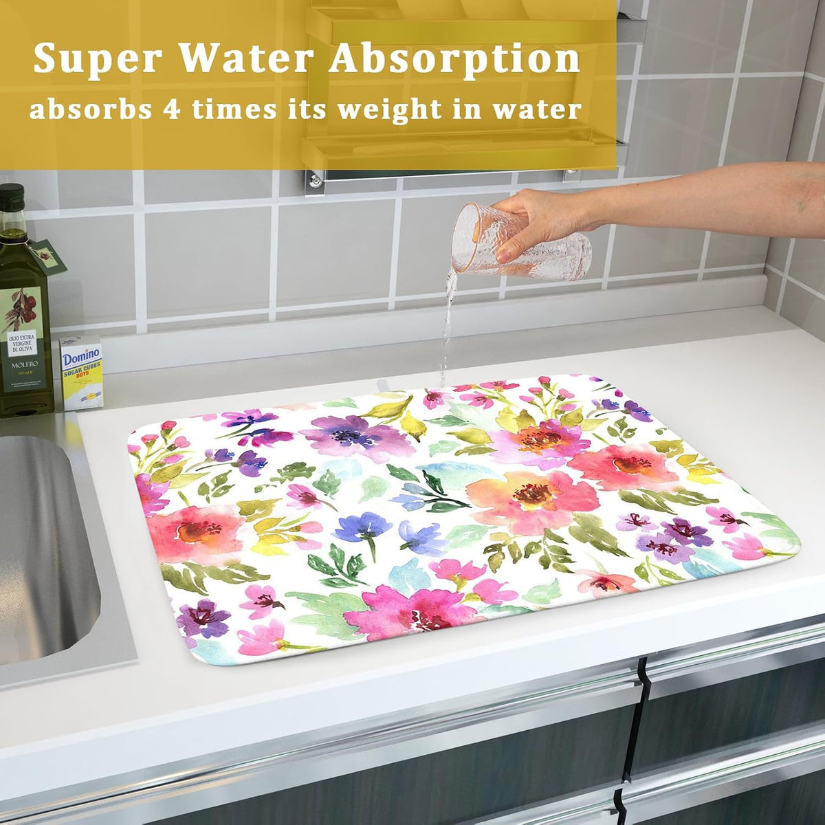 Spring Floral Dish Drying Mat for Kitchen Counter Flower Microfiber