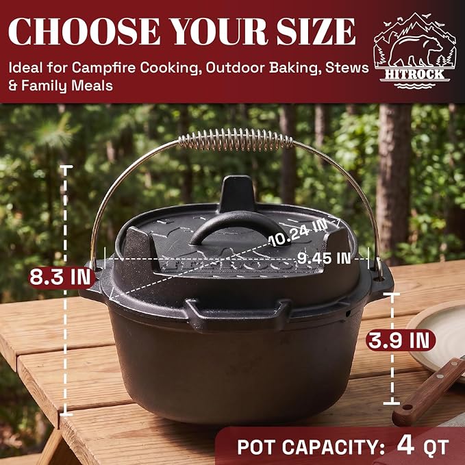 HITROCK Cast Iron Camp Dutch Oven 4QT, Pre-Seasoned Camping Dutch Oven - Image 4