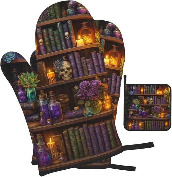 Witch Gothic Oven Mitts and Pot Holders Sets, Witchy Wicca Skull Baking Glovers - Image 2