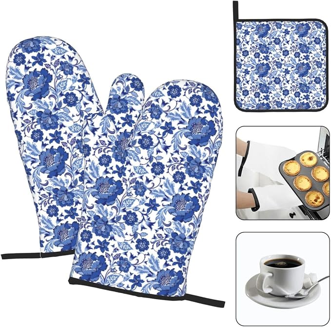 Navy Blue Floral Oven Mitts and Pot Holders Sets, Heat Resistant Oven Gloves - Image 3