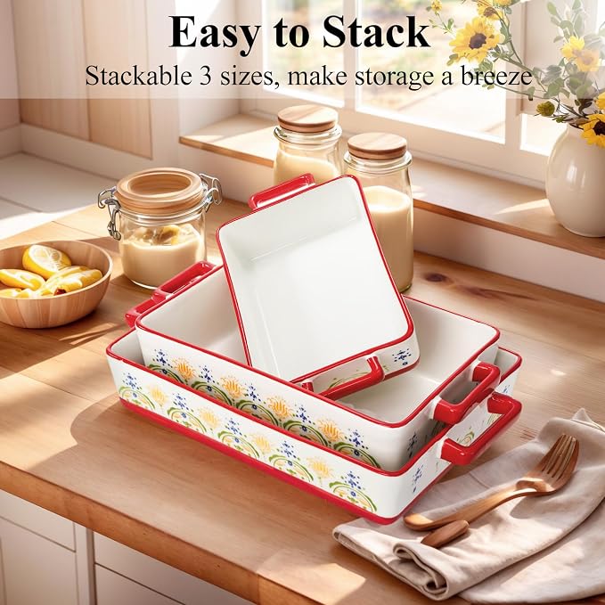 WRINGKIT Set of 3 Ceramic Baking Dishes, Rectangular Casserole Dish - Image 7