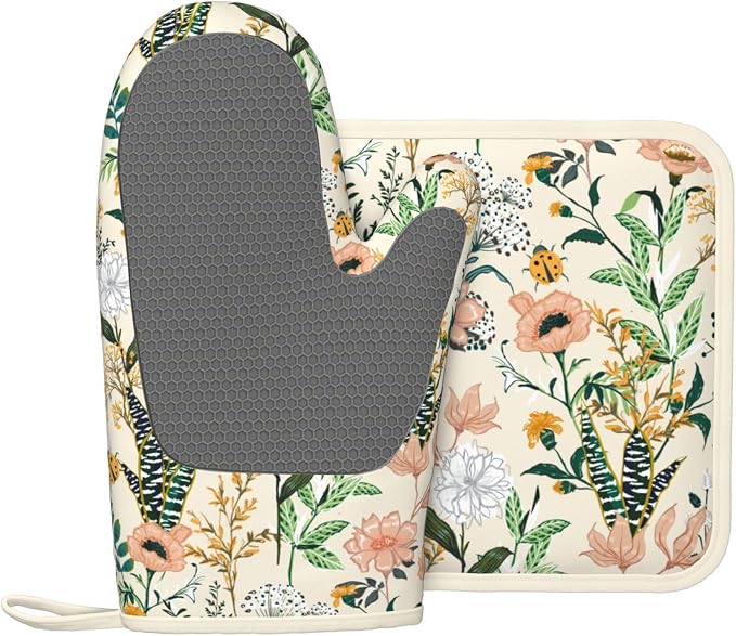 Floral Silicone Oven Mitts Pan Mats Set of 2, Heat Resistant Gloves Potholder - Image 2