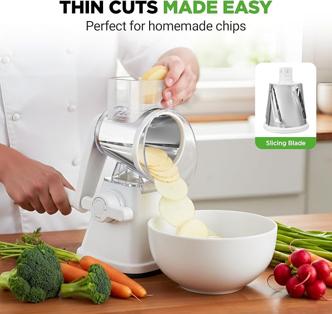 NutriChef 3 in 1 Cheese Grater & Shredder | Strong Suction Base, Rotary Handle - Image 6