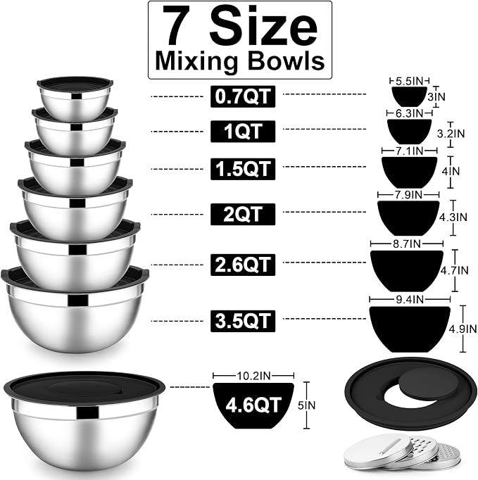 E-far Mixing Bowls with Lids Set, 7-Piece Stainless Steel Metal Mixing Bowls - Image 5