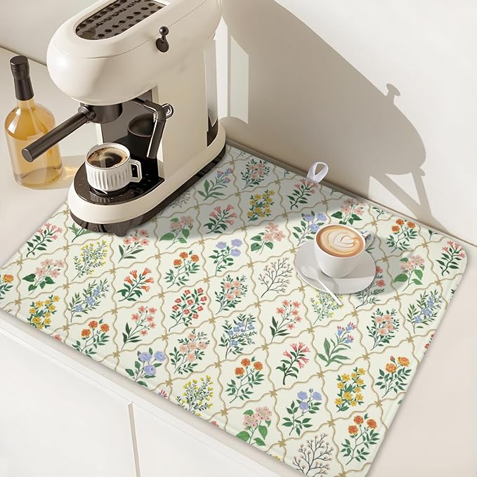 Floral Dish Drying Mat for Kitchen Counter Spring Summer Wild Flowers Diamond - Image 7