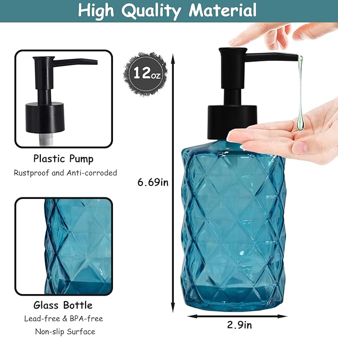 Blue Glass Soap Dispenser with Black Plastic Pump, 12oz Refillable Liquid Hand - Image 2
