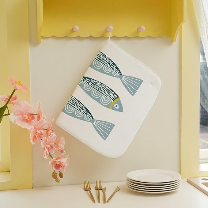 Coastal Dish Drying Mat 18 x 24 inch Beach Blue Fish Print Decorative Drying - Image 5