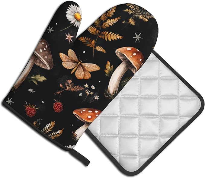 Mushroom Oven Mitts Set – Vintage Pot Holders Kitchen Gloves - Image 2