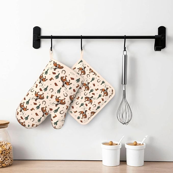 Western Cactus Cowboy Boho Silicone Oven Mitts Pan Mats Set of 2, Heat - Image 6