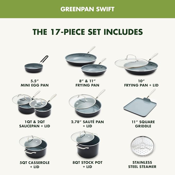GreenPan 17 Piece Nonstick Swift Cookware Set, Ceramic PFAS-Free Pots & Pans - Image 3