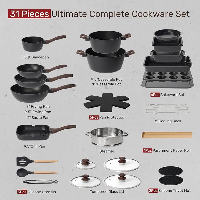 Kikcoin Pots and Pans Set Non Stick 31 Piece Kitchen Nonstick Cooking Cookware - Image 2