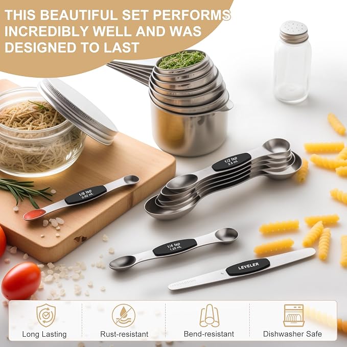 Stainless Steel Measuring Cups & Spoons Set, EWFEN Kitchen Tools Nesting - Image 3