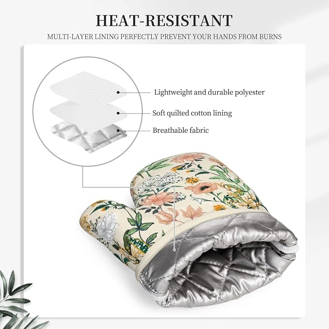 Floral Silicone Oven Mitts Pan Mats Set of 2, Heat Resistant Gloves Potholder - Image 4
