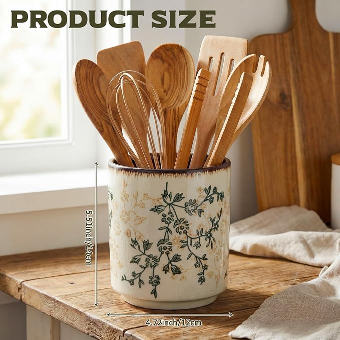 Kitchen Ceramic Utensil Holder Rustic 5.5" Green Floral Utensil Crock - Image 2