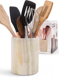 Marble Utensil Holder 6.5 Inch Cream Onyx Wooden Cooking Utensils Set & Spatula by SPESHSTONES