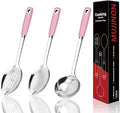 14-in Pink Cooking Spoons Set, Heavy Duty 18/0 Stainless Steel Large Serving by MUJINON